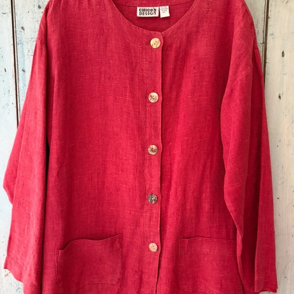 Dark Cherry Red 100% Linen Jacket with 2 patch pockets on front - Picture 13 of 13